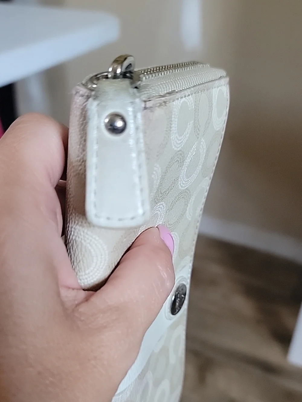 Coach Beige OP Art Signature Zip Wallet with Cream Center Stripe